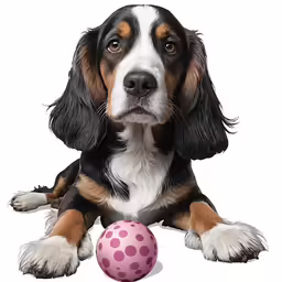 a dog has a pink ball in its paws