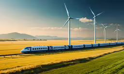 a train in a field near a wind farm,a train on the tracks surrounded by windmills
