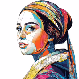 an artistic drawing of a woman with multiple colored veils