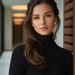 a woman is posing for a headshot by the window
