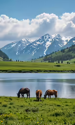 three horses are grazing near a lake with mountains in the background