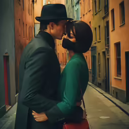 a man in black hat is giving a kiss to a woman in green dress
