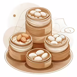 a painting of three wooden baskets full of food