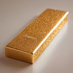gold - plated rectangular, metal tube shaped container has tiny flakes of shiny gold glitter