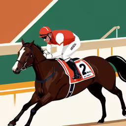 jockey on horse racing track by a large painting