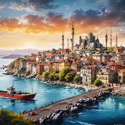 a painting of a town by the water at sunset