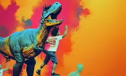 two children are playing near a t - rex with pink and blue paint