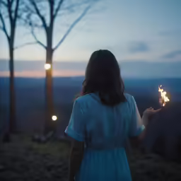 woman with the back turned to see the night sky and two lights shining down on her