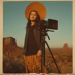 the woman wearing a hat is standing with a camera