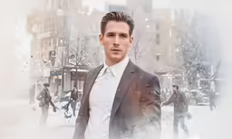 a picture of a young man standing in front of people
