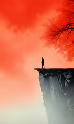 a man stands on a cliff and looks at a bright orange sky
