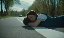 a woman laying down on the side of the road next to her head