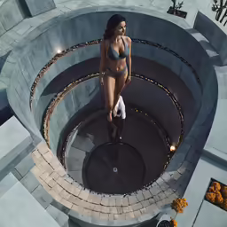 woman in bikini top standing next to steps inside circular area