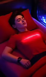 a woman is sleeping on her bed with some lights on