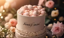 a white cake with white cookies and candy balls