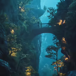 an open air bridge over a small stream surrounded by mountains