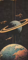a graphic of planets that are connected to a rocket