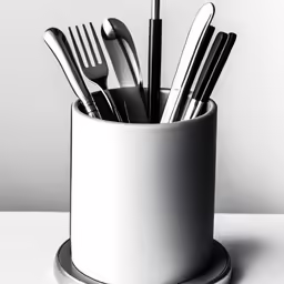 a cup filled with lots of forks and silverware