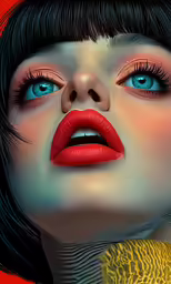 a woman with long eyelashes and red lips