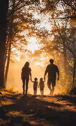 three adults and two kids walking down a trail in the woods at sunset