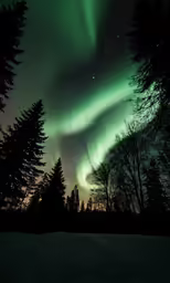 aurora bore over the snow covered forest at night