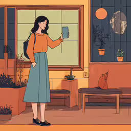 a woman wearing an orange sweater and blue skirt standing near a window and looking at a phone,a girl in a room looking through a window holding a box