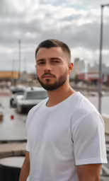 man looking in the camera with cars driving in background