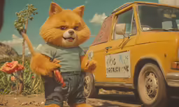 a cartoon character standing next to a parked truck