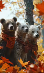 three bears with collars standing next to a tree