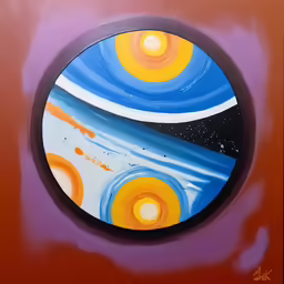 the blue circle with yellow and orange circles hangs on a wall