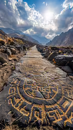 an ancient writing in the stone near rocks,a sunlit sky is reflected in a rock surface