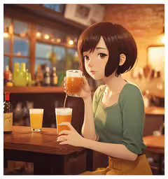 a woman drinks from a tall mug with four glasses of liquid,a young lady holding a glass of beer and a beer jug