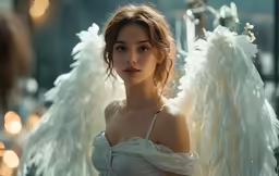 woman with large white angel wings posing for picture