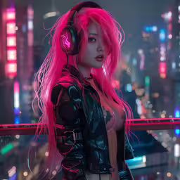 an animation photo of a woman in a city at night with headphones on and head phones hanging on her ears,a pretty young woman in a black top with headphones