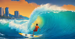 painting of a surfer riding a wave in the ocean,a painting of a man riding a surfboard through a big wave