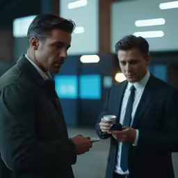two men in suits are looking at a cell phone