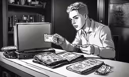a man holds up money for money from a computer screen,a man is looking at his laptop while holding a bank