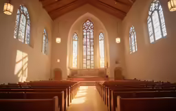 the inside of a large cathedral with pews and stained glass windows