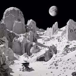 an image of a snowy mountains with trees and moon