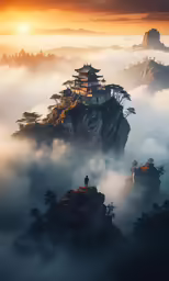 a lone man standing on the edge of a cliff in the middle of a misty valley with lots of buildings on it