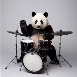 a panda bear with drums is shown in front of the camera