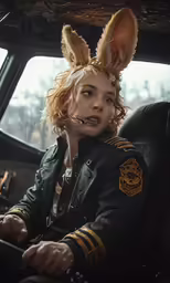 a woman in a pilot costume sits in a car