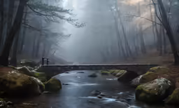 a river runs through a misty, foggy forest