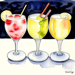 three wine glasses with drinks in them and one with a lemon slice,3 glasses filled with fruit and topped with two lemons,three glasses filled with various beverages on top of each other,three different kinds of drinks sitting next to each other,three glasses of different beverages sit next to each other