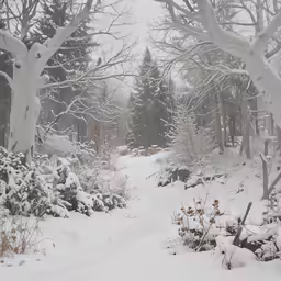a snow covered road leading to the woods