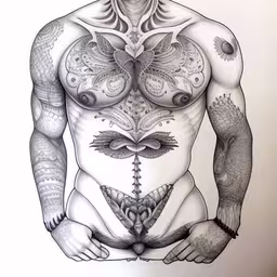 a tattooed person wearing a body art tattoo with a butterfly,this is an artistic drawing of a person with wings on their chest,an ink drawing of a man with tattoos,a drawing of a man wearing tattoos,an old drawing with a woman holding a fish