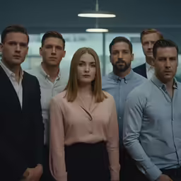a group of people standing in a room