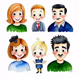a drawing of people on a white background,a group of people wearing different faces