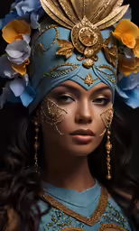 a woman wearing a blue dress and a golden hat