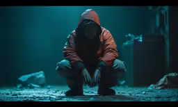 a person in an orange hooded sweatshirt crouches down with one hand on their knees, while the other looks at something in his hands